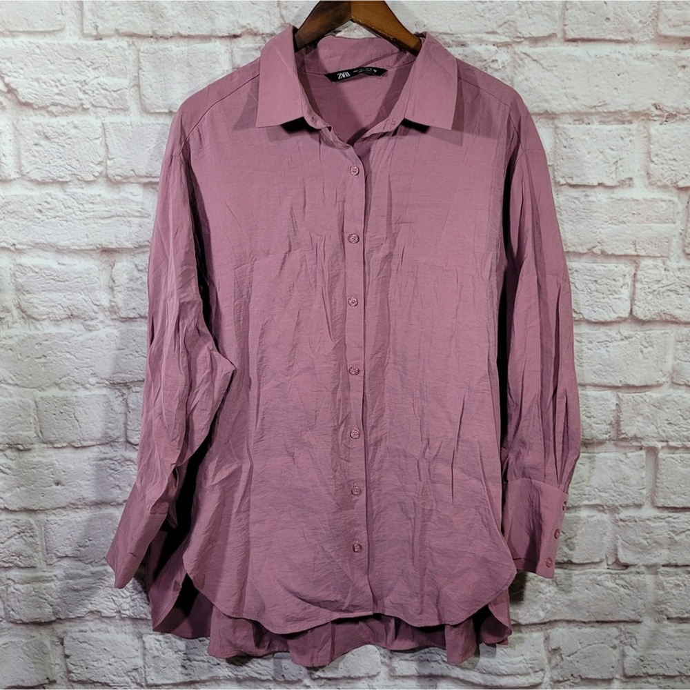 Zara Dusty Rose Button Down Oversized Polo Dress Shirt